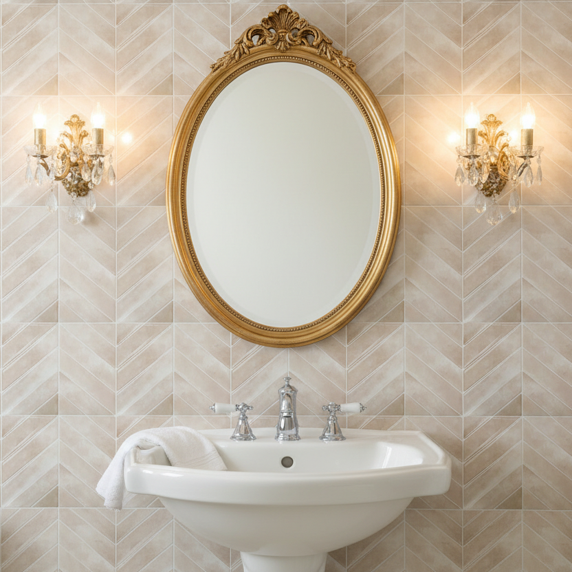 Pedestal Sink met Ovale Spiegel en Crystal Sconces
